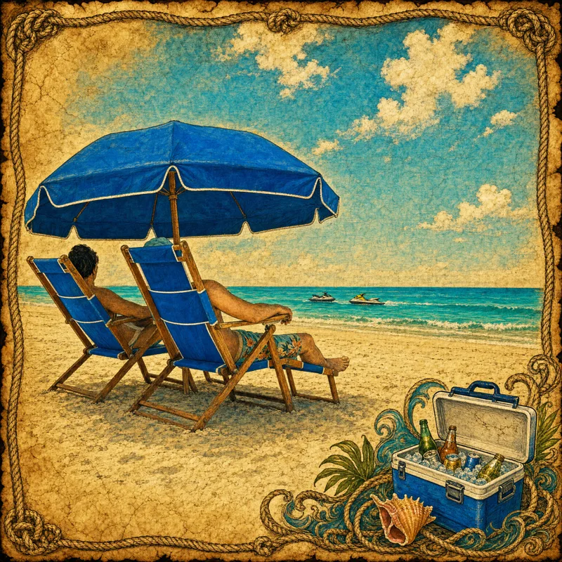 Relaxing on a Key Largo beach with umbrella and chairs overlooking the turquoise water