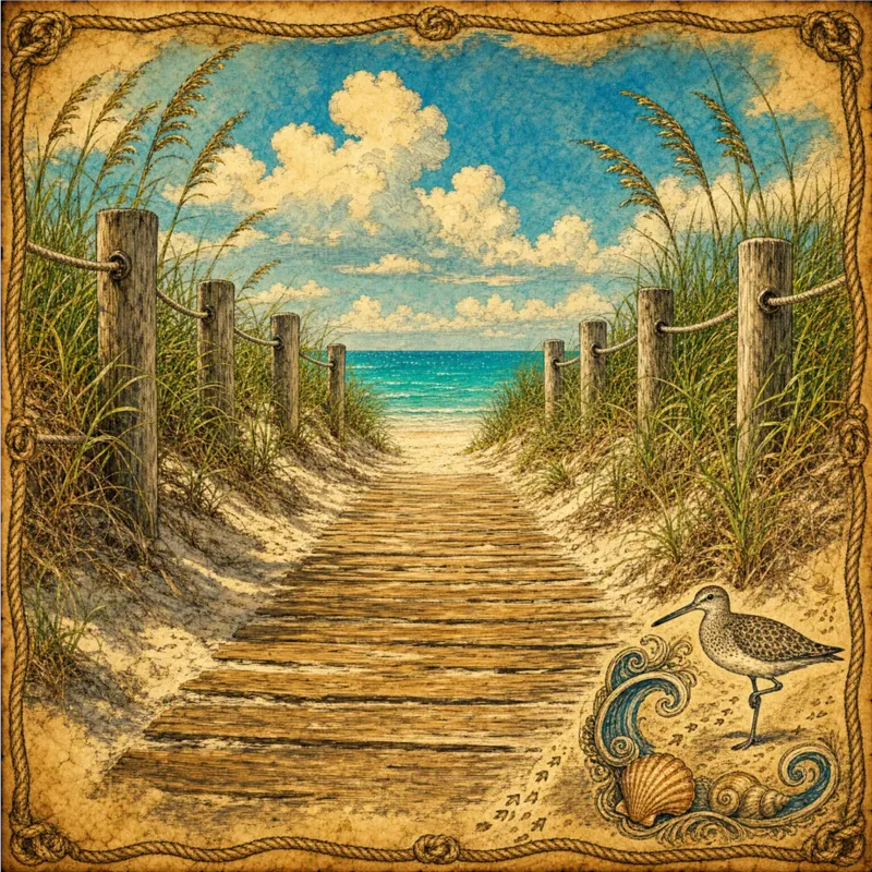 Beach boardwalk path through sea grass leading to Bahia Honda's crystal-clear water