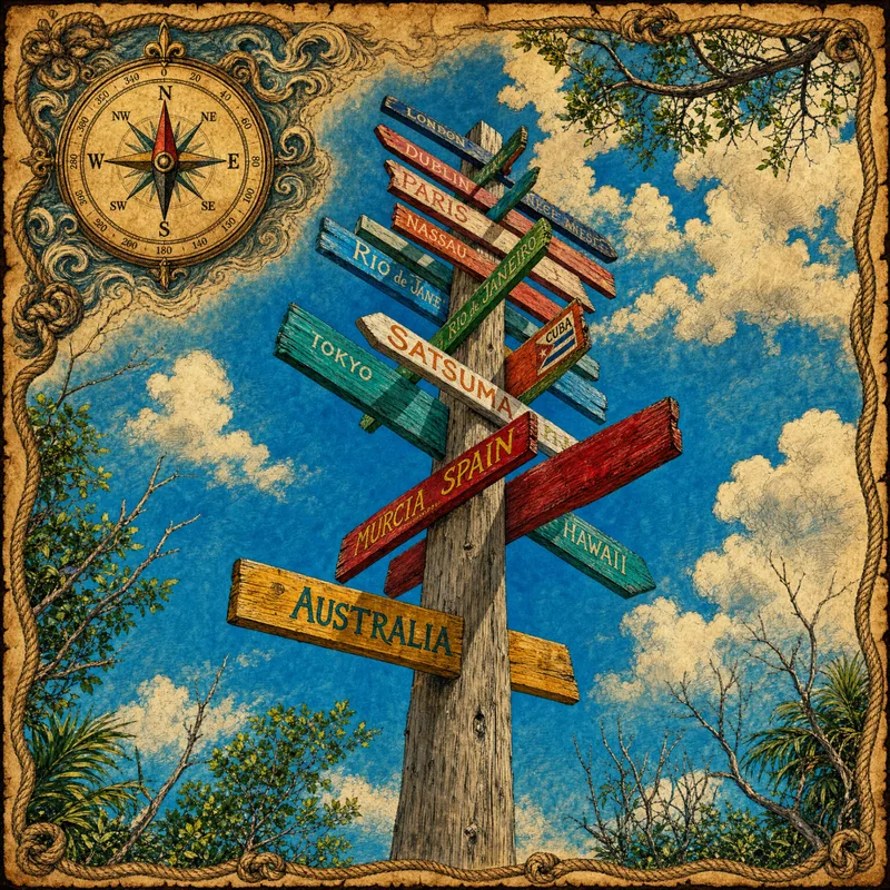 World destinations signpost with compass — Florida Keys travel planning