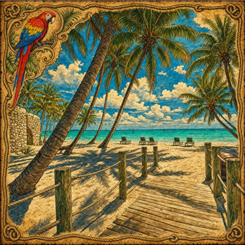 Palm-shaded beach in Key West with parrot — Fort Zachary Taylor and the Keys' finest shores