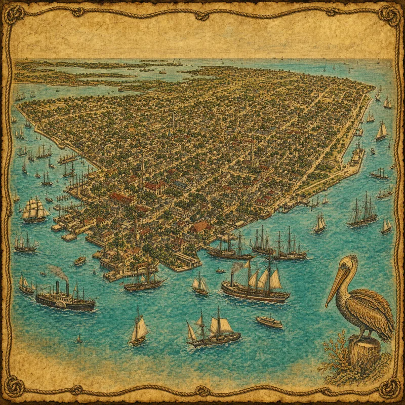 Vintage bird's-eye view of Key West island surrounded by tall ships and the Atlantic