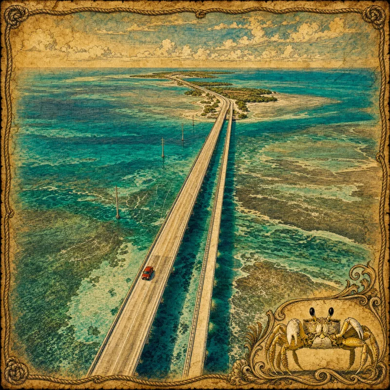 Aerial view of the Seven Mile Bridge stretching across the turquoise Florida Keys waters